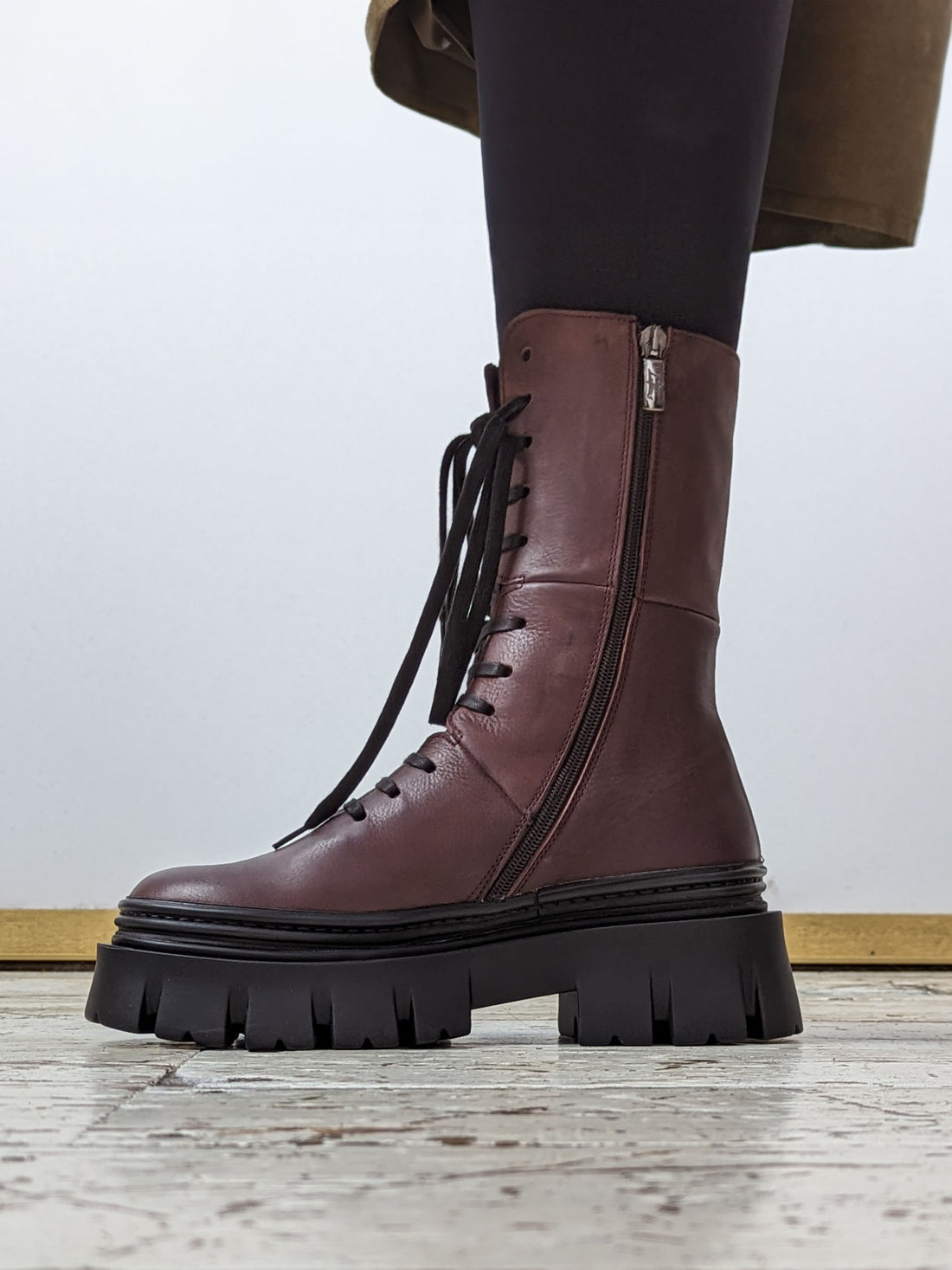 Lofina Long Chunky Leather Boots in Aubergine-Brown