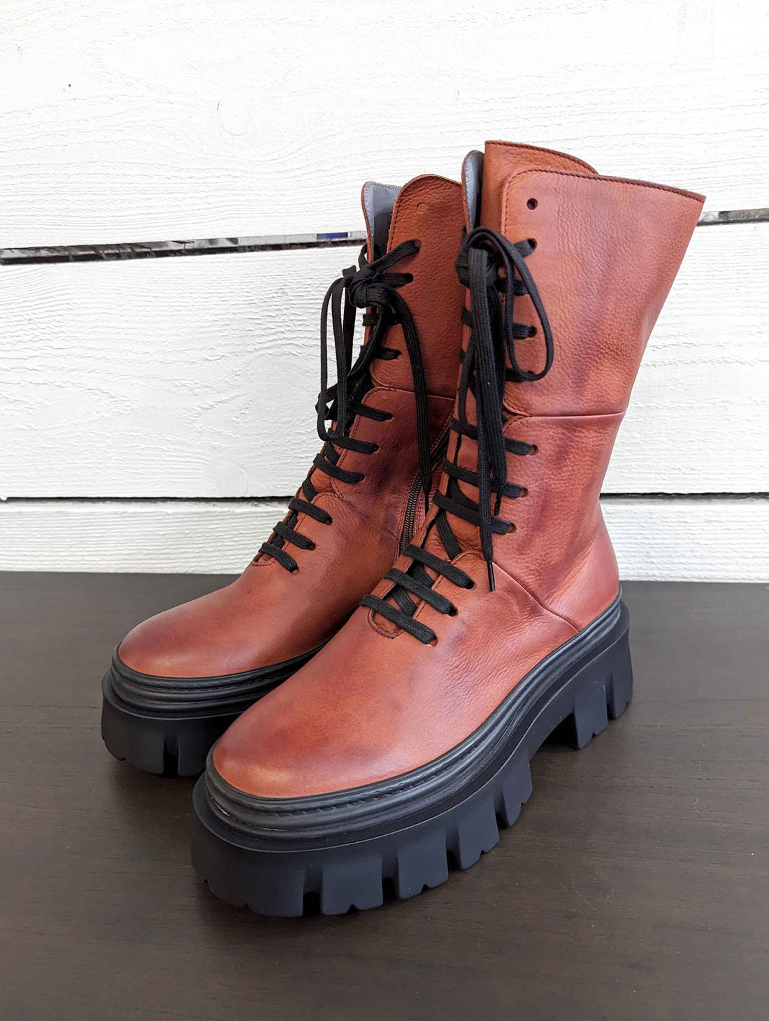 Lofina Long Chunky Leather Boots in Brick Red