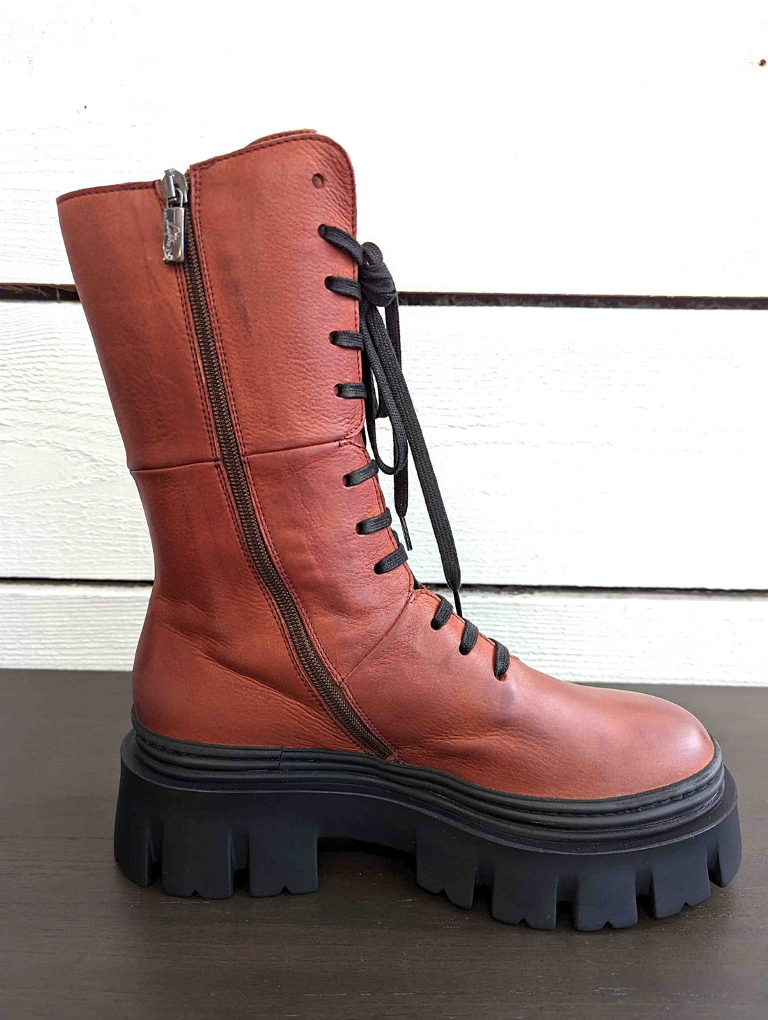Lofina Long Chunky Leather Boots in Brick Red