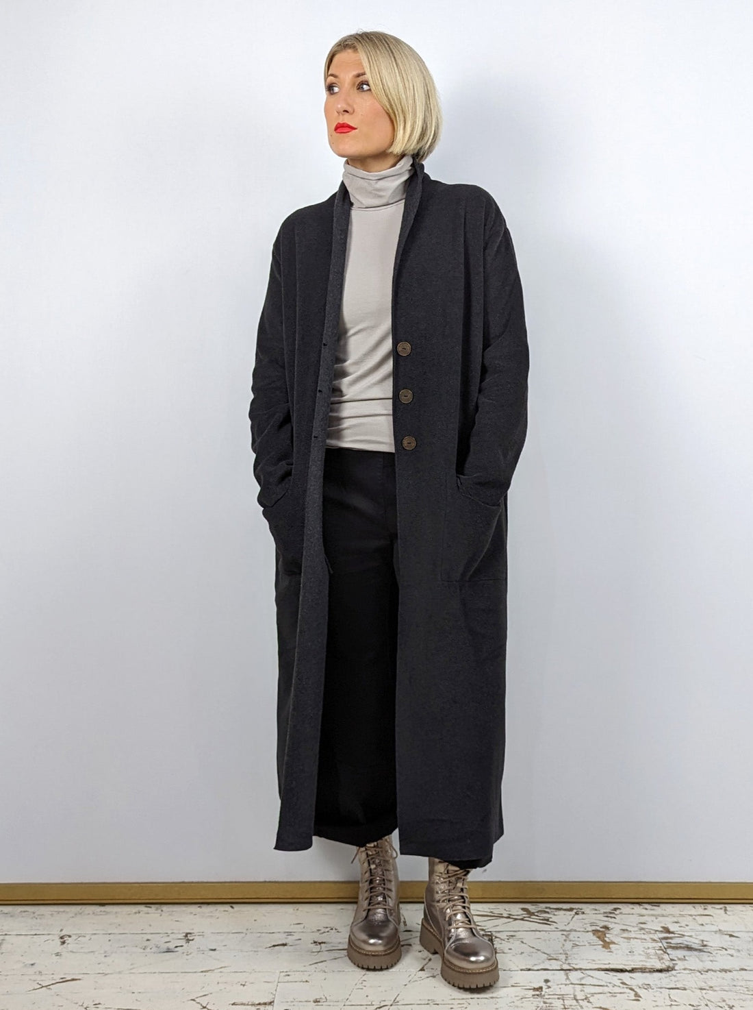 Henriette Steffensen 7162 Long Fleece Cardigan - SOFT BLACK