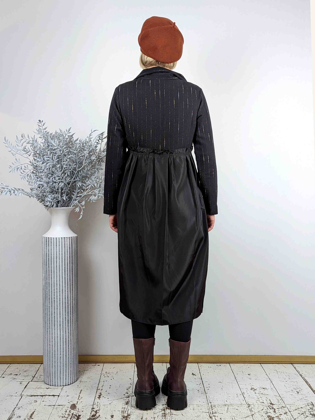 Amici Dust Coat Pleated Coat Dress - BLACK PINSTRIPE