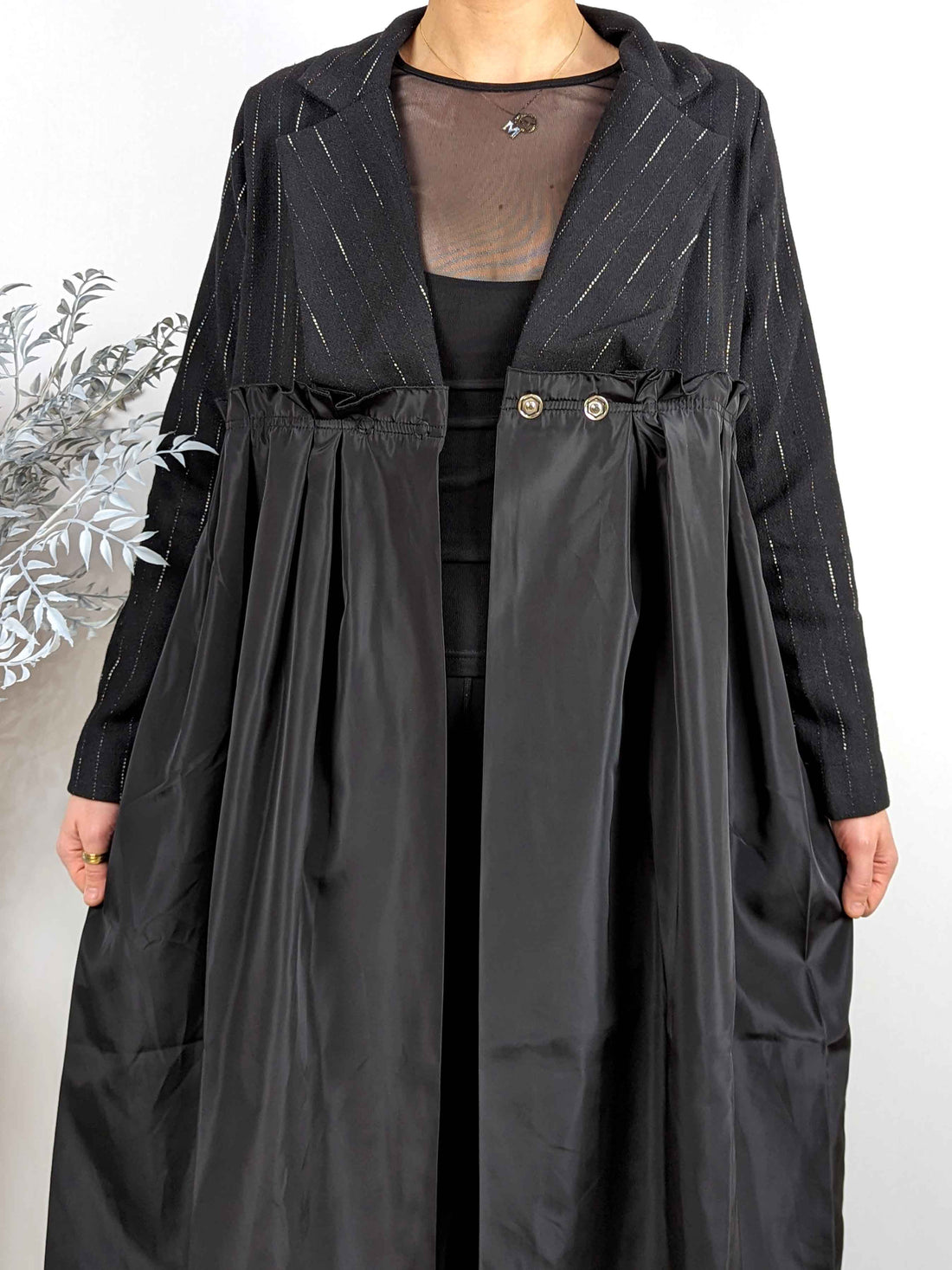 Amici Dust Coat Pleated Coat Dress - BLACK PINSTRIPE