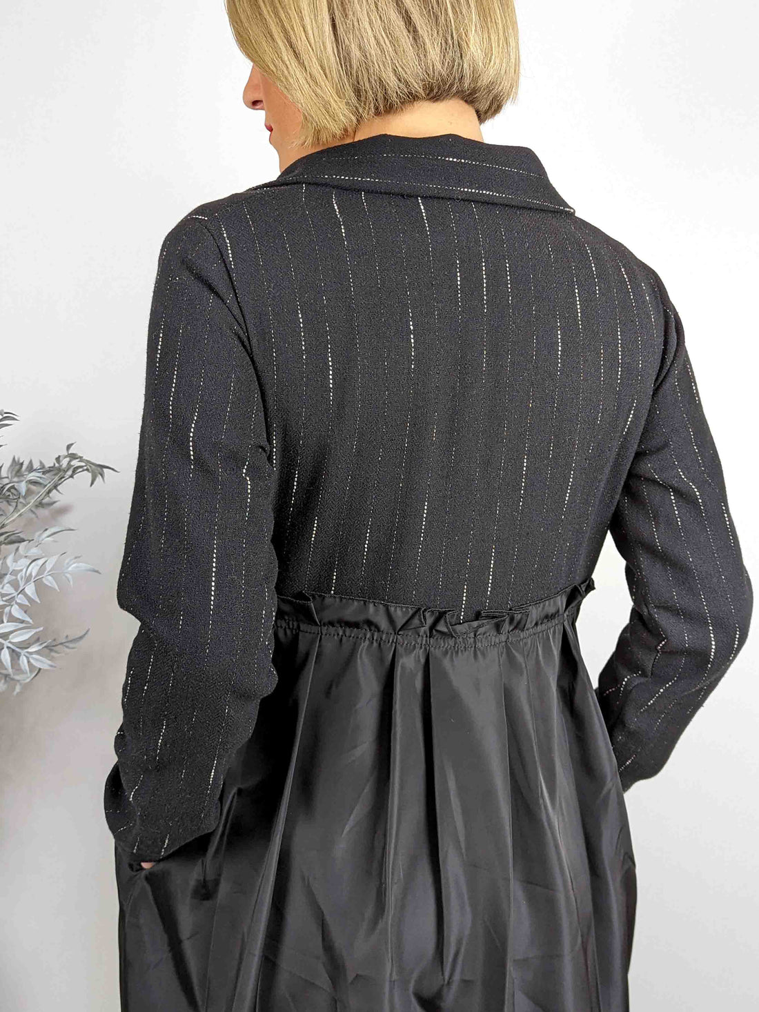 Amici Dust Coat Pleated Coat Dress - BLACK PINSTRIPE