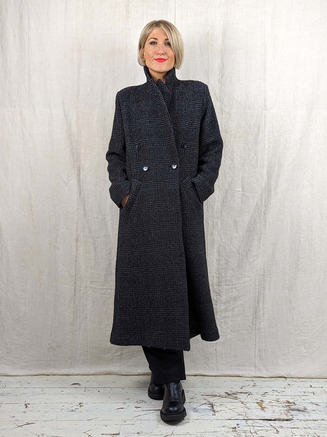 i-Blues Long Wool Blend Coat in Anthracite Check