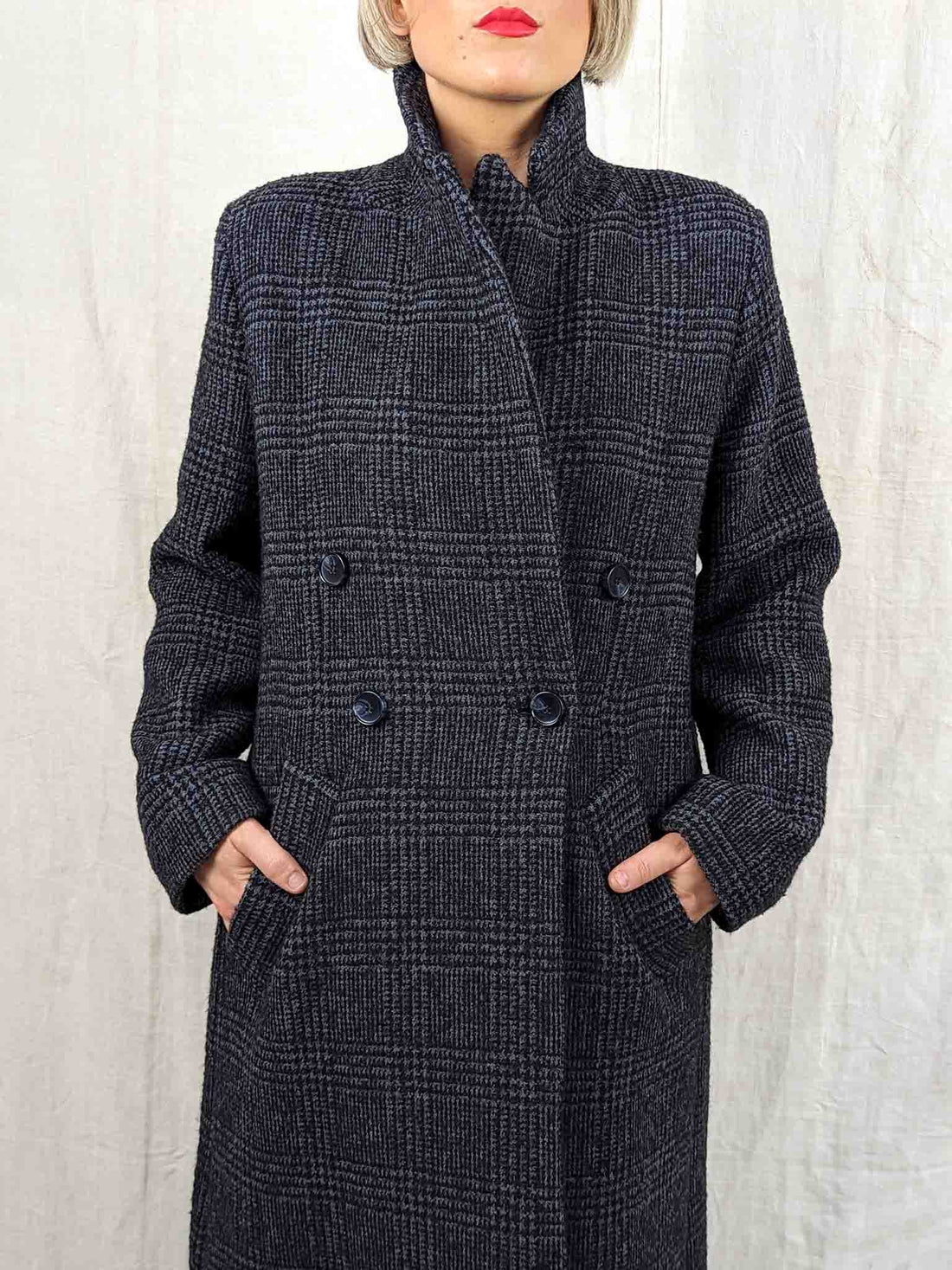 i-Blues Long Wool Blend Coat in Anthracite Check