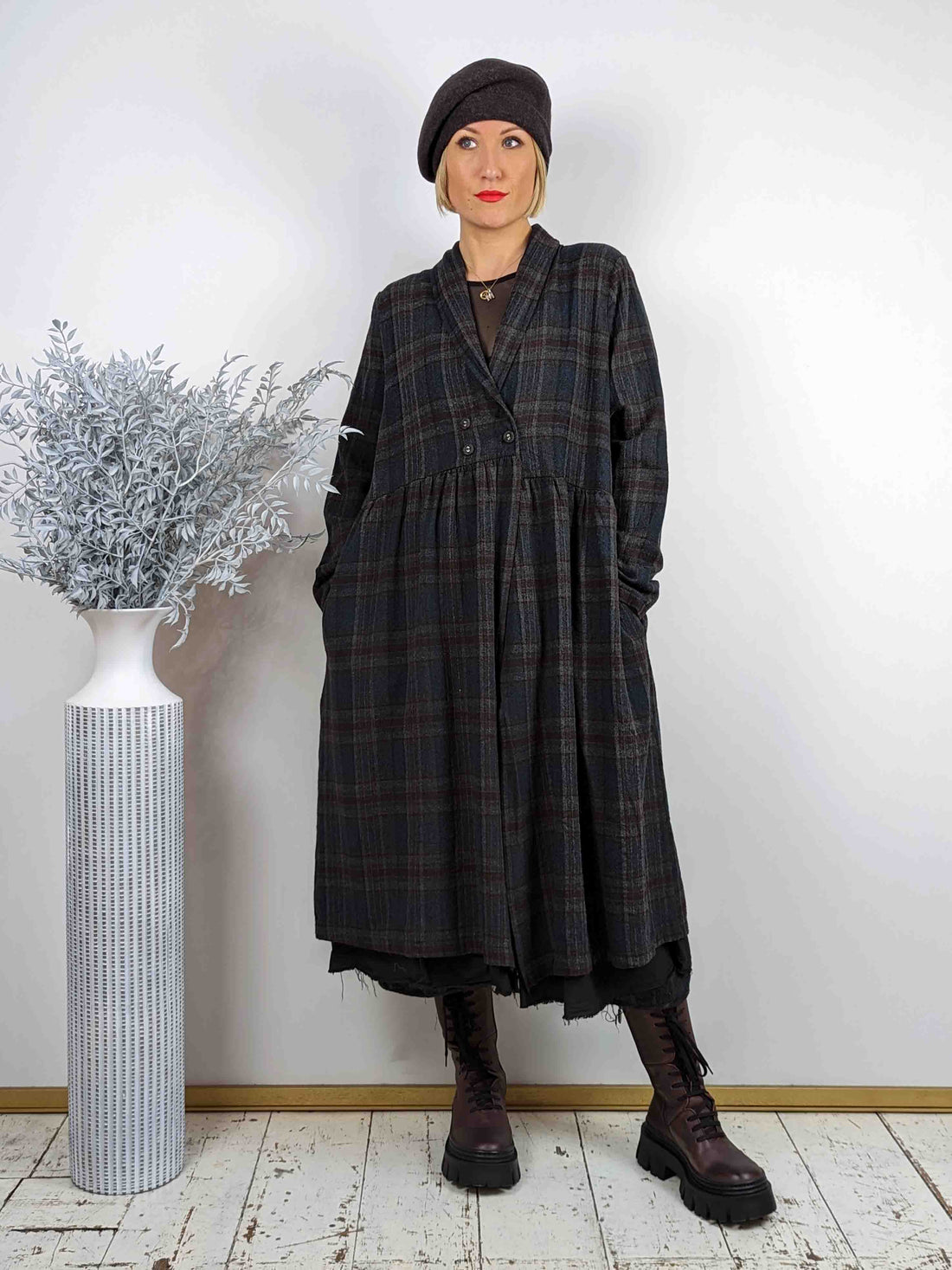 Amici Plaid Cotton Overcoat Dress - CHECK