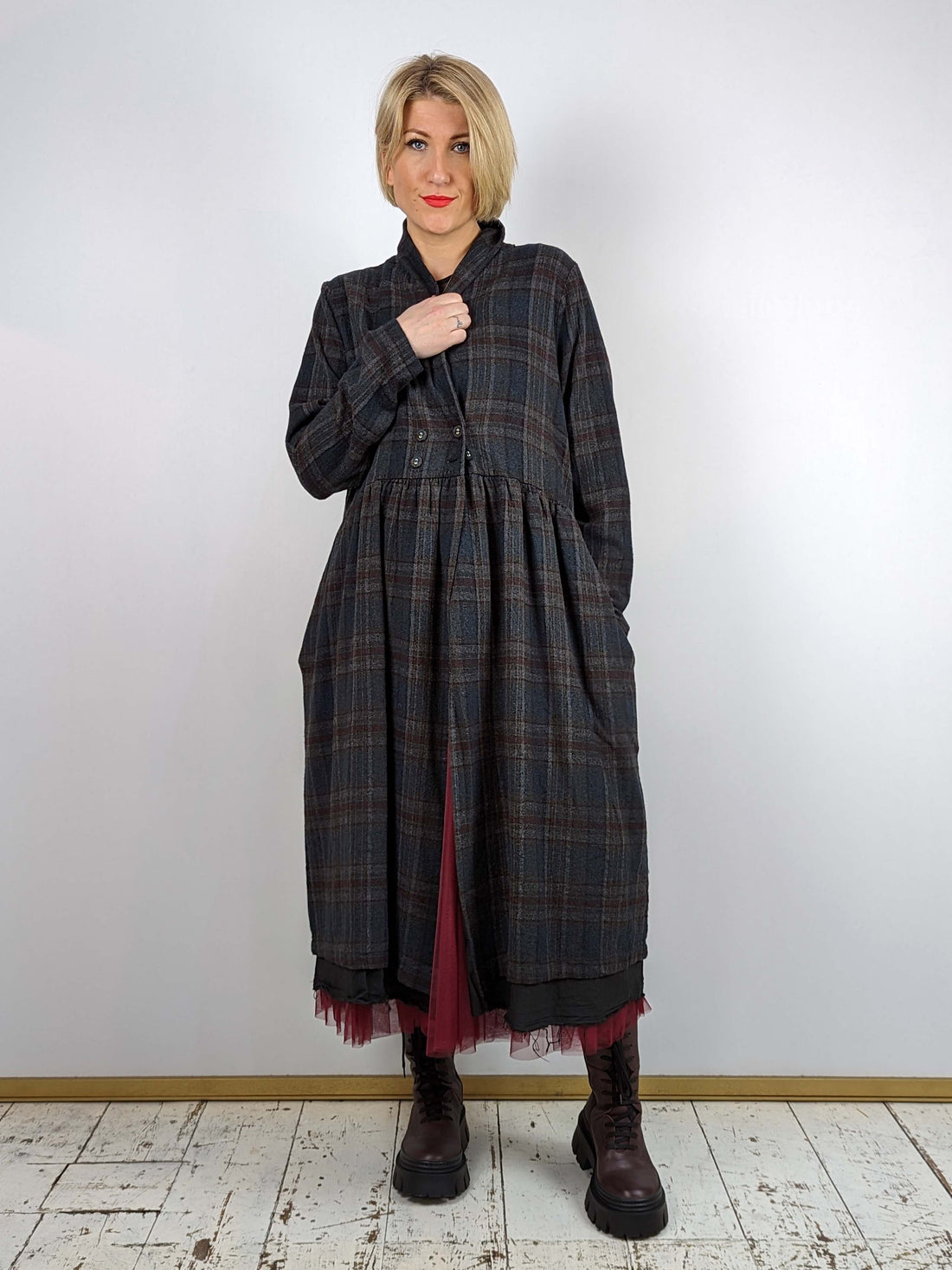 Amici Plaid Cotton Overcoat Dress - CHECK