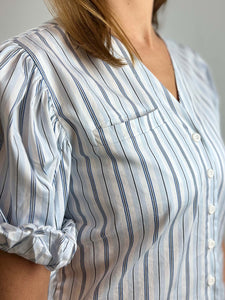 Stripe Puff Sleeve Cotton Shirt