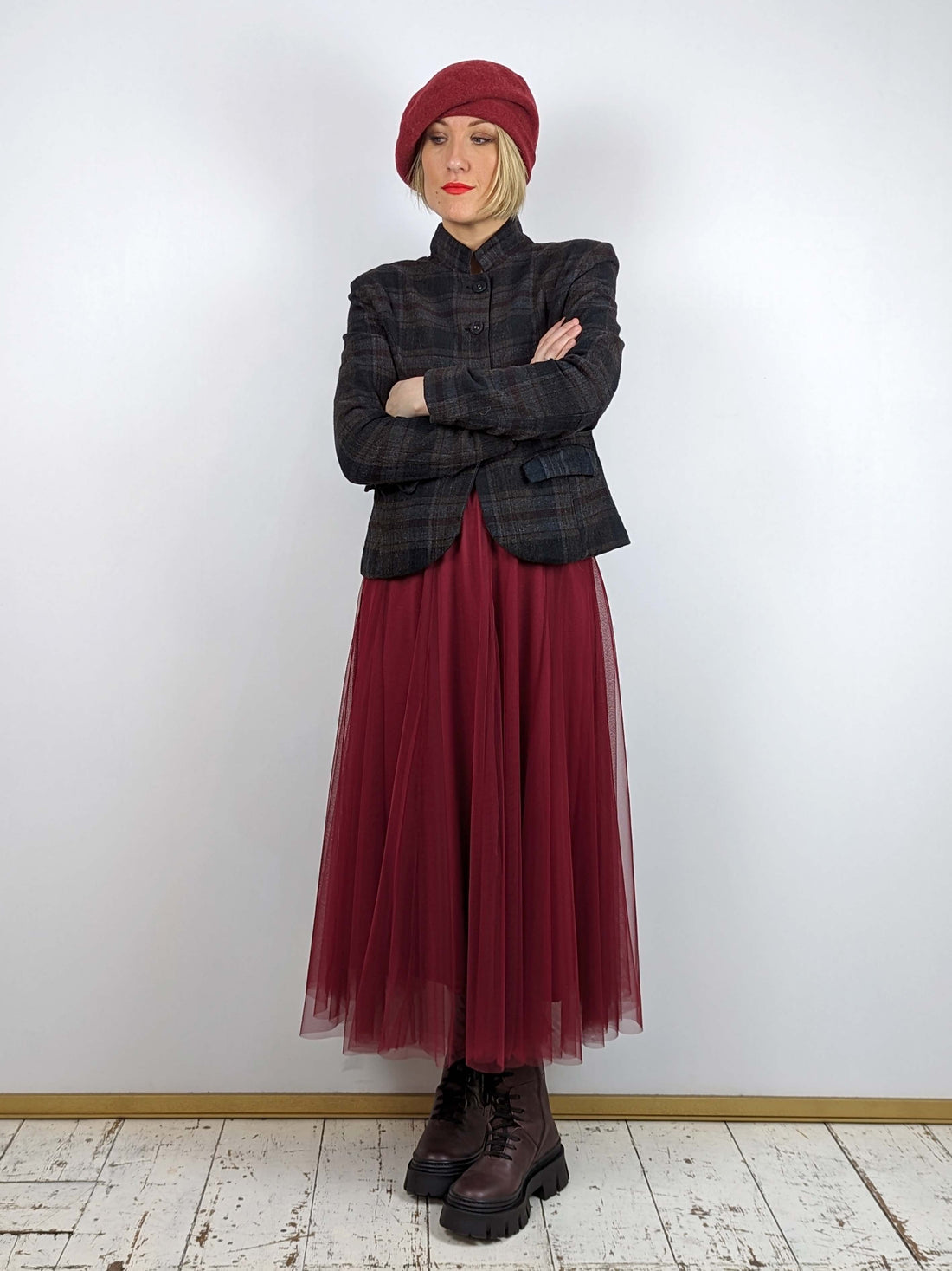 BLUE BASICS Midi Tulle Skirt - Wine Red